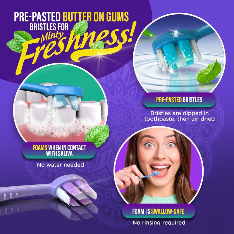 GuruNanda Mini Disposable Toothbrushes with Toothpaste, Tongue Scraper, Floss & Toothpick - 6-in-1 Ready-to-Go Prepasted Travel Toothbrush - Fluoride Free, No Rinsing, Individually Wrapped, 60 Ct 60 Count (Pack of 1)