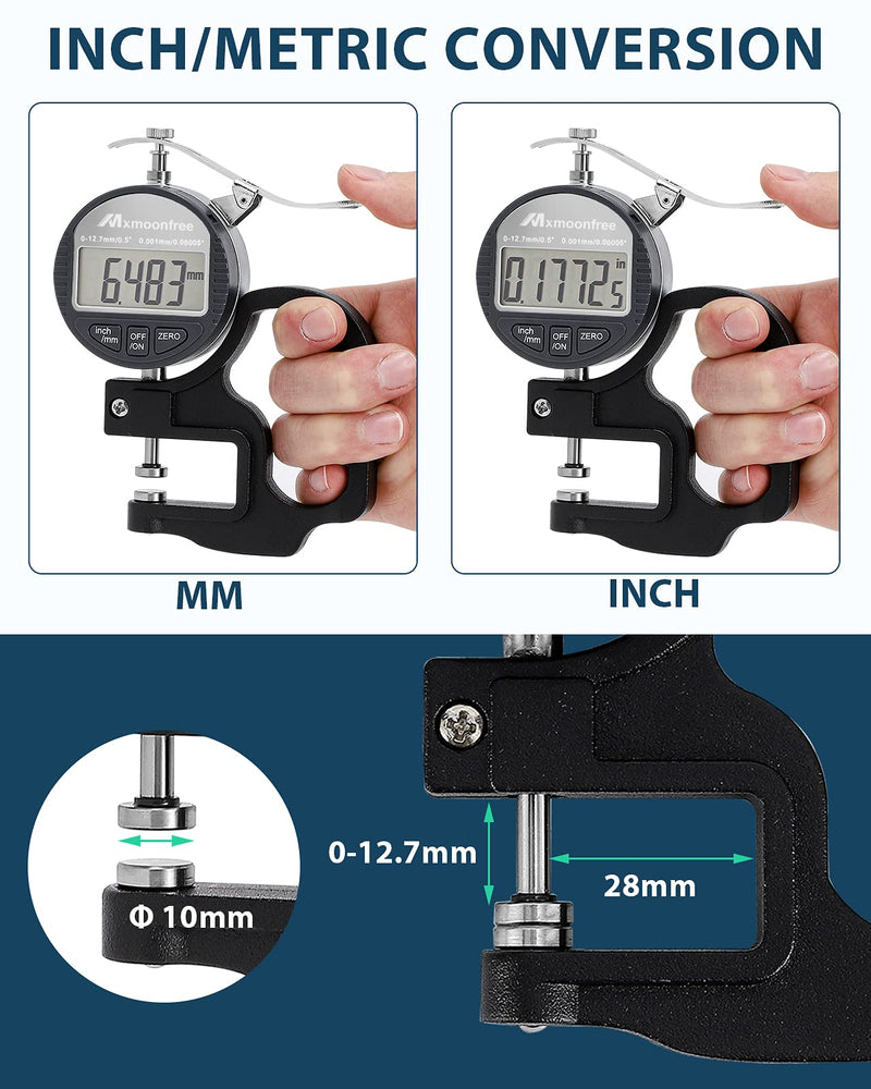 Digital Thickness Gauge 0.001mm/0.00005" | 0-12.7mm/0.5" Electronic Micrometer Thickness Meter with LCD Display, Unit Conversion, Storage Case, Extra Battery