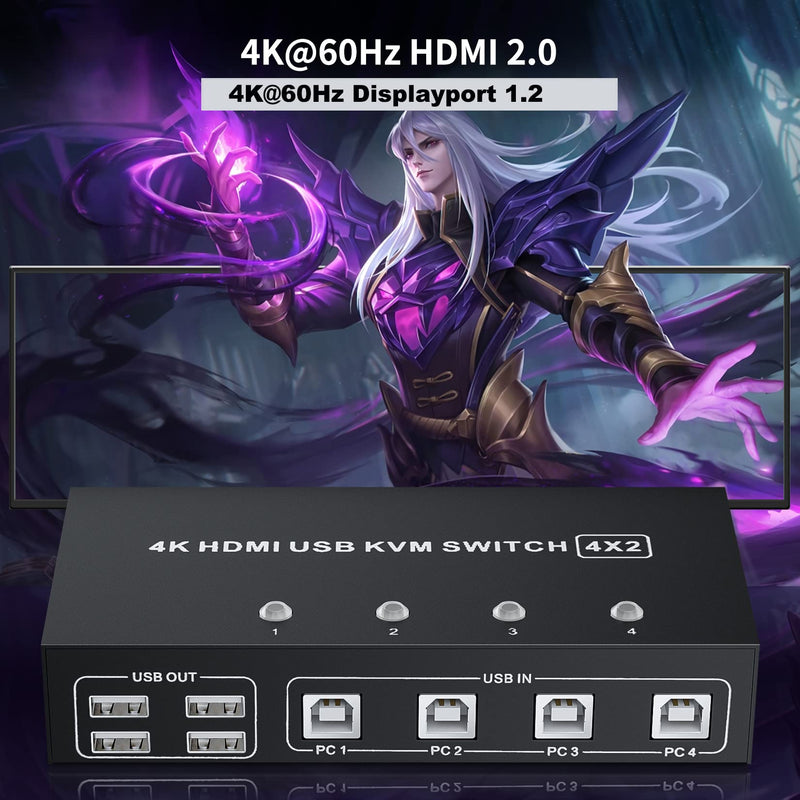 BolAAzuL HDMI + Displayport KVM Switch Box 4 Port, Dual Monitor 4 Computers HDMI 2.0 DP 1.2 USB 2.0 KVM Switch 4K 60Hz, Keyboard Mouse Peripherals Switcher HDMI+DP 4 in 2 Out for 4 PCs 2 Monitors 4 PC share 2 monitors(HDMI+Displayport)