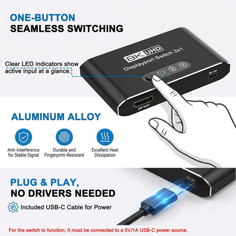 DisplayPort Switch 3 in 1 Out 8K@60Hz, DP Switcher Connects 3 PCs to 1 Monitor, DisplayPort 1.4 Selector 3x1, Manual Button Switcher for Desktop/GPU/Laptop – Direct Connection Only (No Dock/KVM)