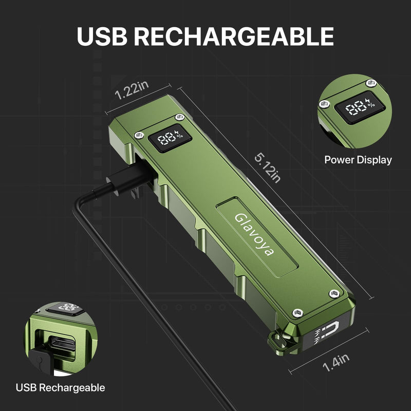EDC Flashlight Rechargeable,1200 Lumens Ultra Bright Flat Flashlight with 9 Modes, Portable Pocket Flash Lights with UV Light,Magnetic Flash Light for Working Green