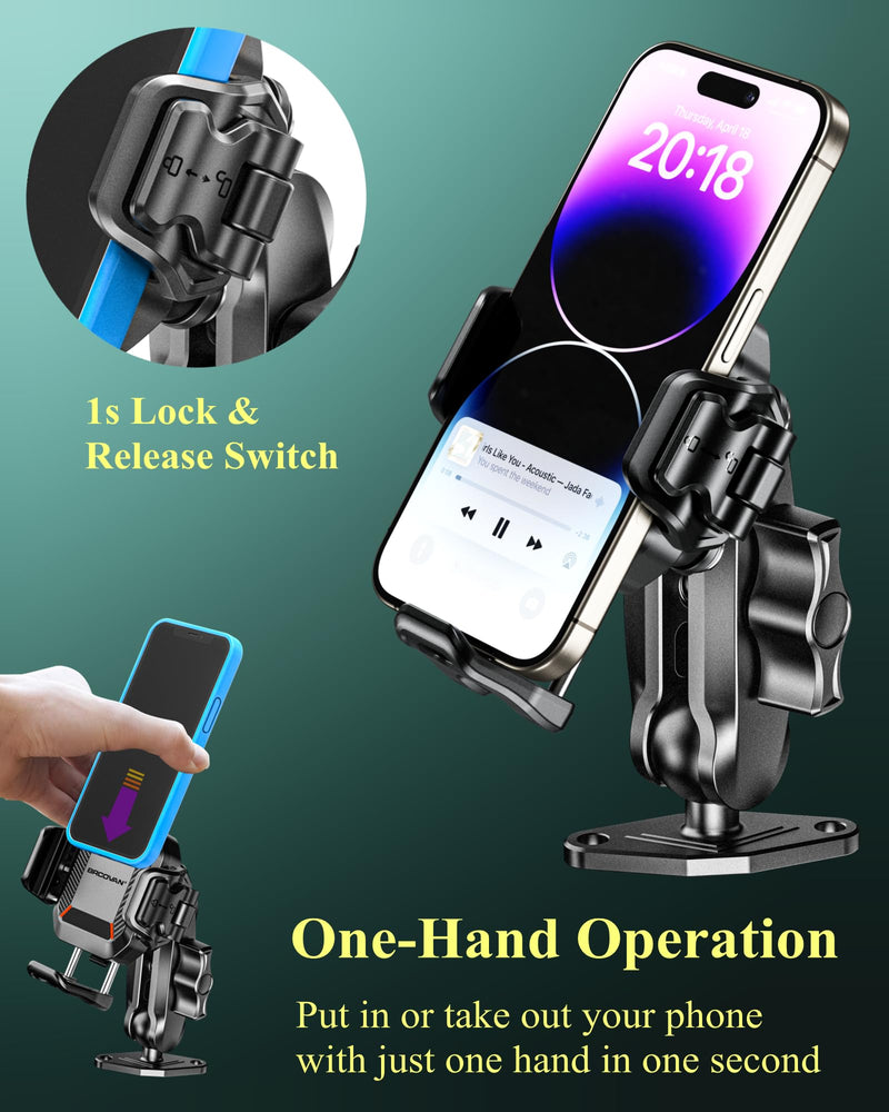 BRCOVAN Anti-Theft Phone Mount Holder with Vibration Dampener, 1s Locking | Don't Block Camera, with Aluminum Diamond Base & Medium Arm, for Car Boat Truck Motorcycle UTV, Fit 5.4-7.2'' Smartphones