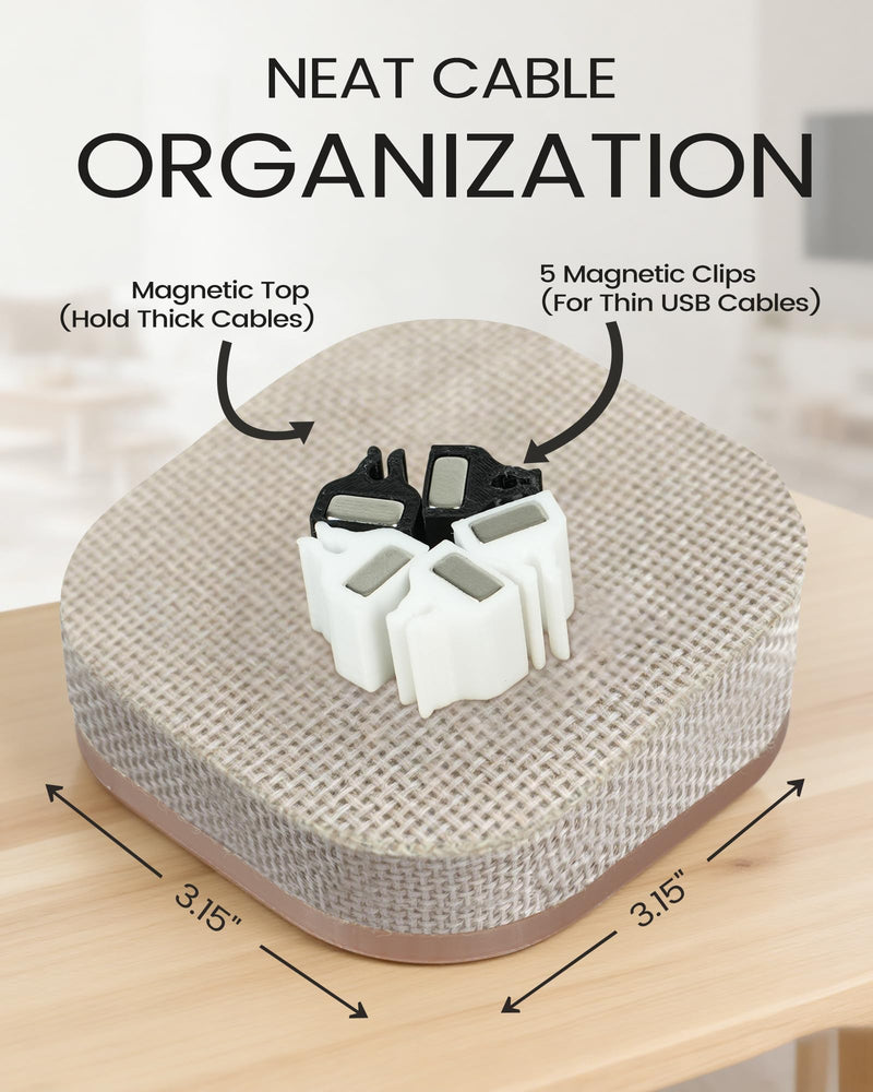 Magnetic Cord Holder, 5 Cable Clips, Desk & Nightstand Organizer | 2-In-1 Cable Management, Holds Up to 5 Cables, Anti-slip Base, Charging Accessory for Home, Office & Gift Giving Beige