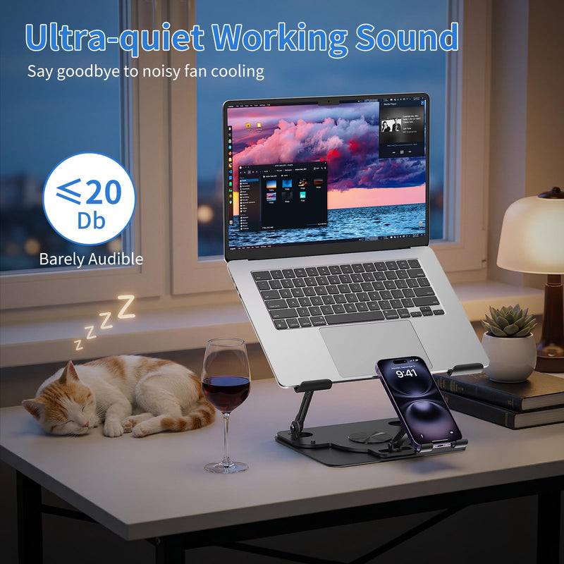 Laptop Cooling Pad with Detachable Fan & Cooler, 2-in-1 Laptop & Phone Stand, Adjustable Angle, 360° Rotatable Base, Carbon Steel, Ultra-Quiet & Super Sturdy for Laptop (Black) Black