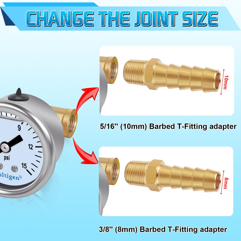 Boltigen Fuel Pressure Gauge, 0-15psi Fuel Pressure Gauge Kit, Glycerin Filled Fuel Pressure Regulator with Gauge for Car, 1/8'' NPT Inline Fuel Pressure Guage with 3/8'' 5/16'' Barb