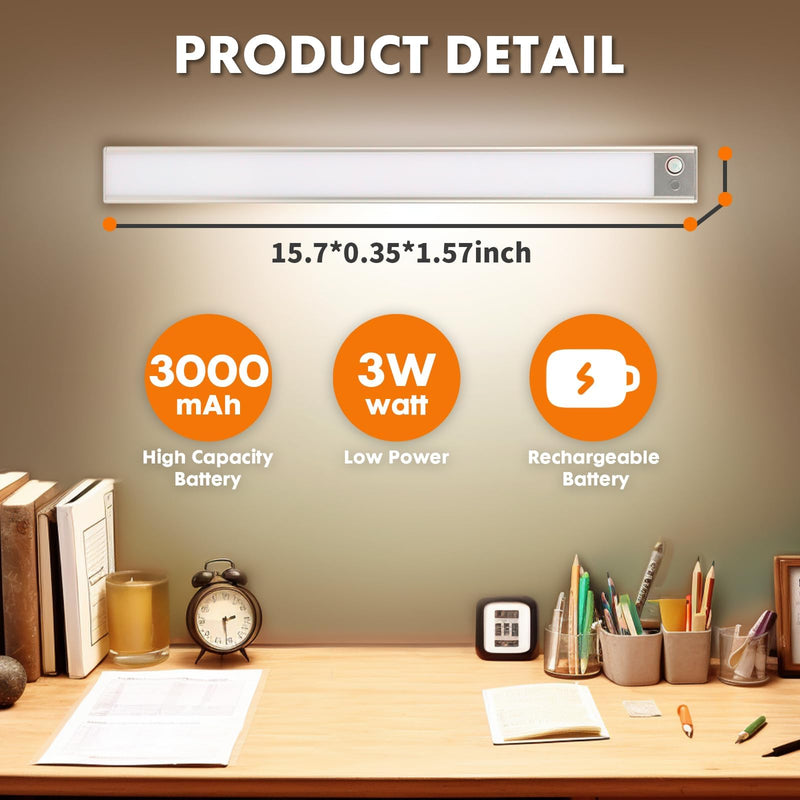15.7 Inch 148 LED Under Cabinet Lighting,3 Color Temperatures Dimmable Closet Lights Motion Sensored,3000mAh Battery Closet Lights,Lights for Under Cabinets in Kitchen,Wardrobe,Stairs 15.7 Inch 3000mAh 2 Pack