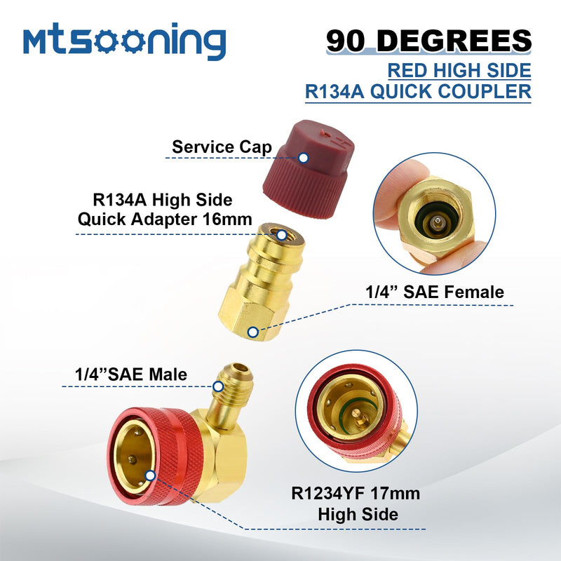 Mtsooning R1234yf 90° High/Low Side Quick Couplers Kit, R1234YF to R134A Quick Coupler Adapter, R1234YF Hose Adapter Fitting Connector with R134A Retrofit Valve for Car Conditioner AC Charging