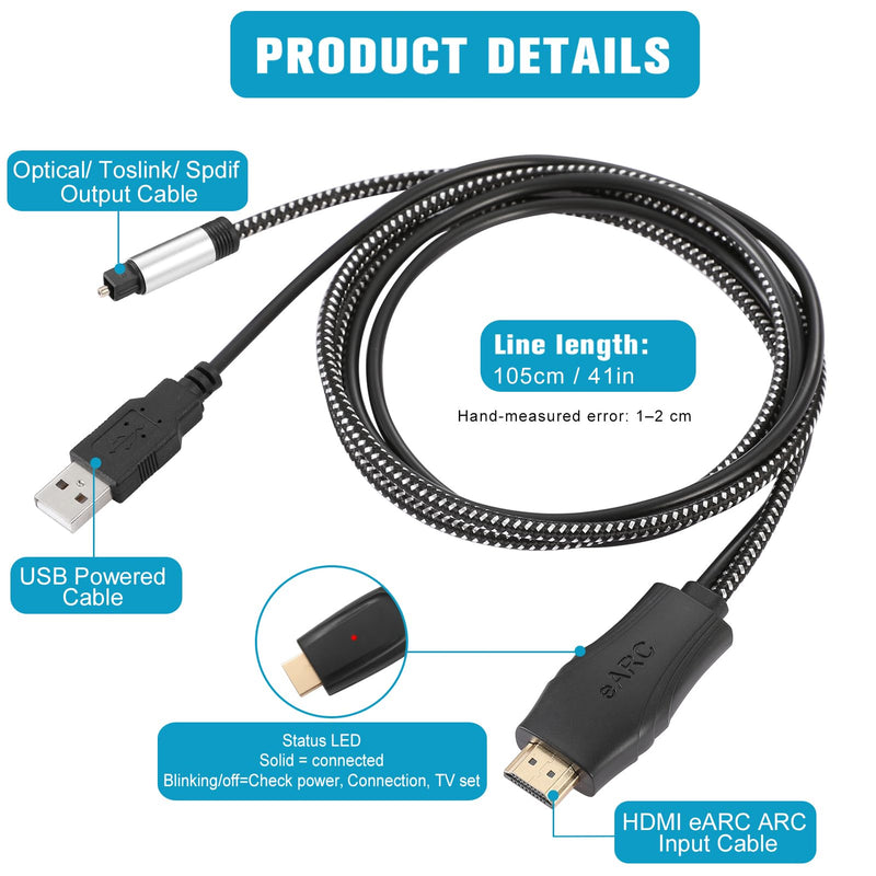 192KHz HDMI eARC/ARC to Optical Audio Converter for TV to Soundbar, Plug & Play 3.4ft/1.05m eARC to Optical Cable Audio Extractor Adapter Splitter for Sound System Home Theater Support Dolby/DTS 5.1