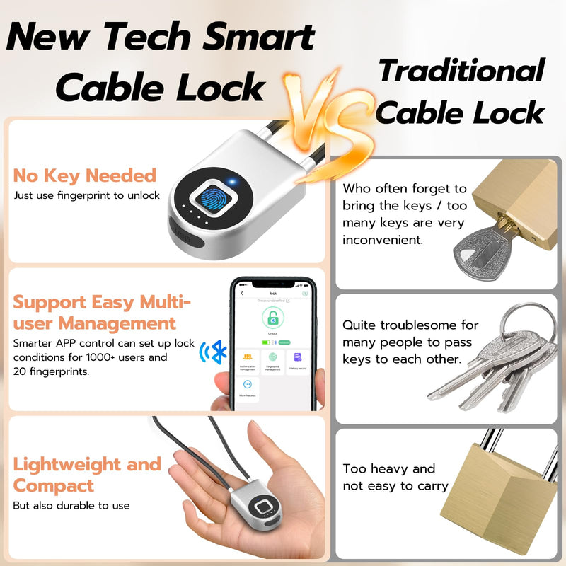Fingerprint Cable Lock, eLinkSmart Fridge Locks with Bluetooth APP Control, Biometric Smart Padlock for Adults Baby Proof Cabinet Refrigerator French Door Cabinet Gate Locker Bike, 14.9'' Long Silver Silver-38cm