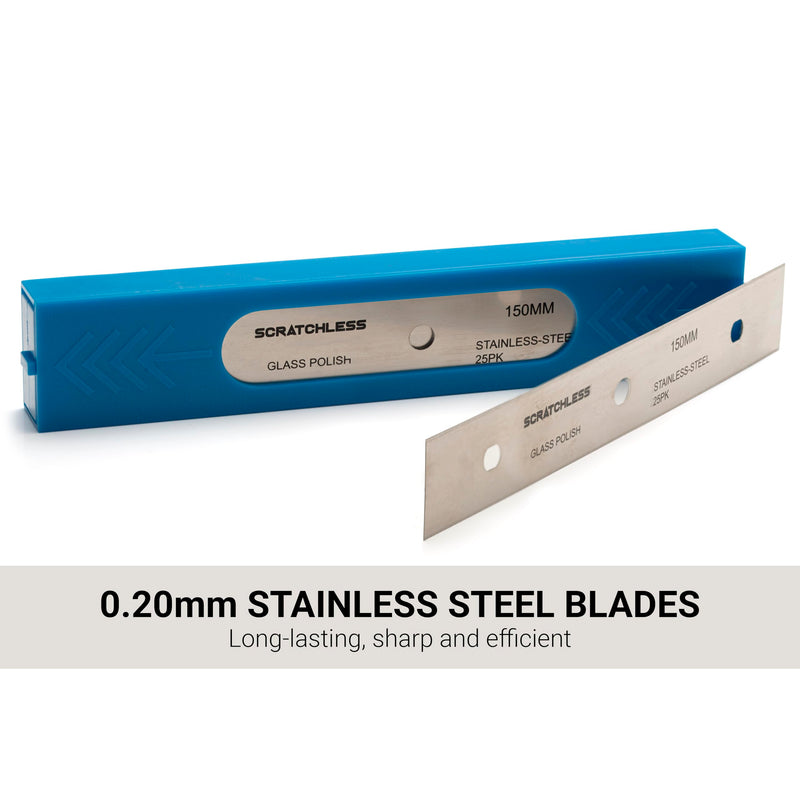 GLASS POLISH 6" (150mm) Pack of 25 Double-Edged Stainless Steel Blades, 0.20mm Laser Sharp Replacement Blades for SCRATCHLESS Scraper or Compatible Models - GP15043