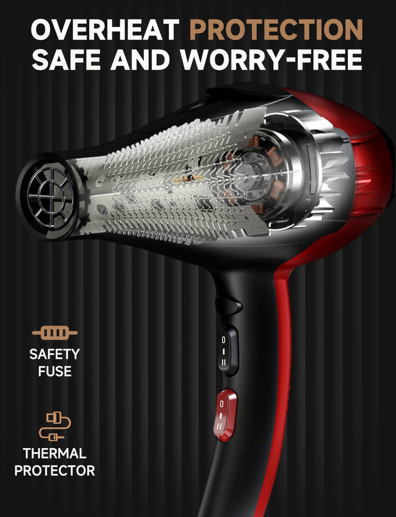 Professional Hair Dryer 2400W Powerful AC Motor Negative Blue Ionic Hairdryer with 1 Diffuser & 2 Concentrator,2 Speed 3 Heat Setting, Cool Shot Button for Women Men Home Salon (Black-RED) Black-red