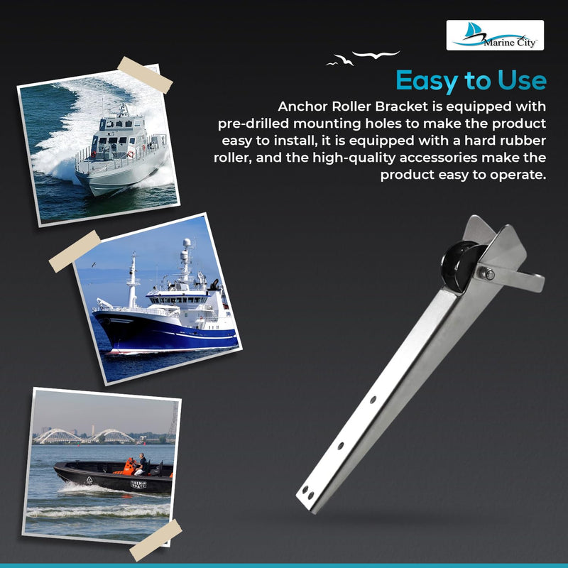 MARINE CITY Anchor Roller Bracket – Heavy-Duty Stainless Steel Bow Mount with Rubber Roller for Fluke Style Anchors, Ideal for Marine Boats & Yachts 15-1/4 Inches x 2-1/16 Inches