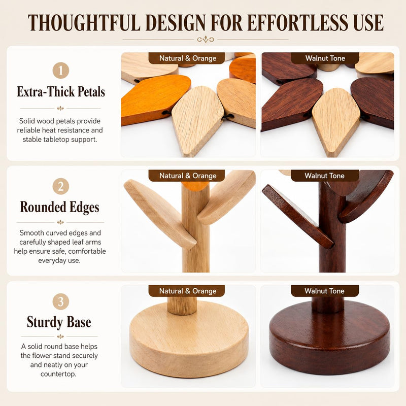 Sunflower Trivets for Hot Dishes, 5Pc Wooden Tree Trivet Stand Set | Flippable wooden sunflower petals expand 5.5 to 6.69 in - trivet & coaster in one, doubles as countertop decor Walnut & Beech Wood
