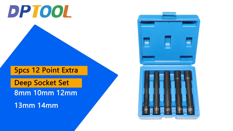 DPTOOL 5pcs 3/8in Drive Metric Extra Deep Socket Kit 12 Point