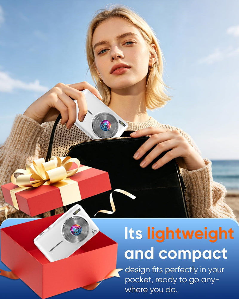Digital Camera, 4K 64MP Autofocus 16X Zoom Camera with Dual Lens(White) | 2026 Latest Anti-Shake Point Shoot Camera, Compact Travel Vlogging Camera for Teens Adults Beginner, 32GB Card, 2 Batteries White