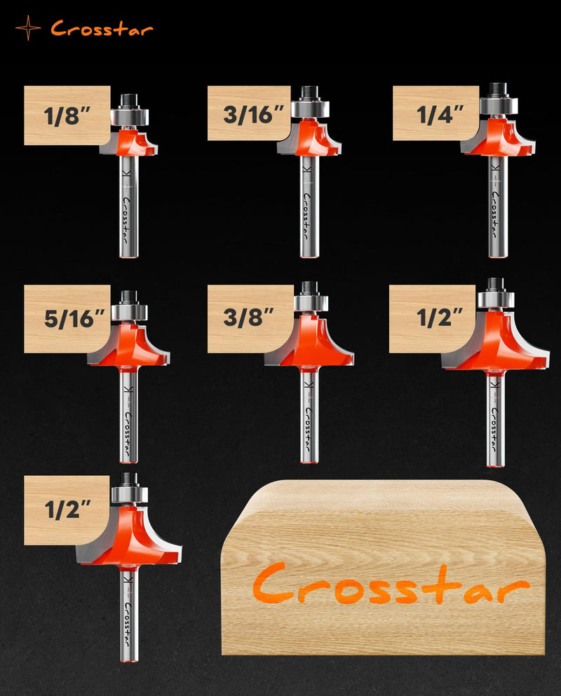 Crosstar 7Pcs Top Bearing Roundover Router Bit ,1/4 Shank,Carbide Inserts , 2 Flutes Corner Rounding Router Bit, Over Edge Forming Router bit , with Bearing Guide CNC Woodworking Tool