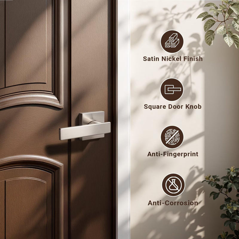 Knobonly 1 Pack Square Passage Door Levers Interior, Satin Nickel Door Handles, Hallway Closet Door Handlesets Indoor, Keyless Door Knobs Reversible for Right & Left