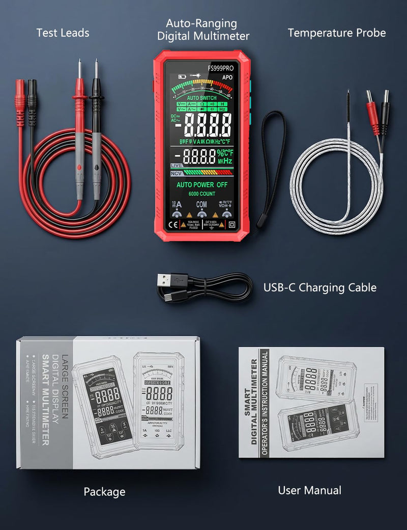 Digital Multimeter, Auto-Ranging Smart Electrical Tester, 6000 Counts TRMS, USB-C Rechargeable, Easy-to-Read Color Display, NCV Detection for Home, Automotive & DIY Use