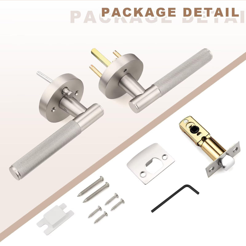 Brushed Nickel Privacy Door Handles, Sliver Interior Door Levers for Bathroom and Bedroom, Knurled Keyless Satin Nickel Door Knob, Reversible for Right & Left Side, 1 Pack Privacy Door Handle