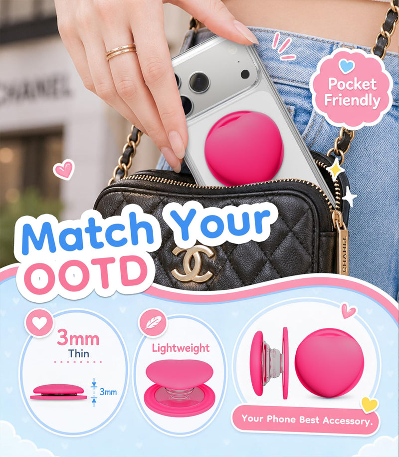 Cute Heart for MagSafe Phone Grip, Soft Silicone, Neonpink | Magnetic Finger Grip Holder & Adjustable Kickstand, One-Touch Attachment for iPhone 17 16 15 14 13 12 11 Samsung