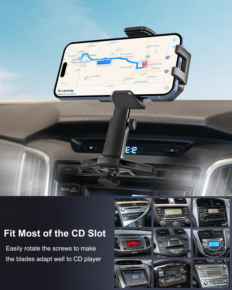 CD Phone Holder for Car - Height Adjustable Car Phone Holder CD Slot, Ultra Sturdy CD Player Cell Phone Holders for Your Car for iPhone 17 Pro Max 16 15 14 13 12 Air Plus, S25, 4-7" Smartphones