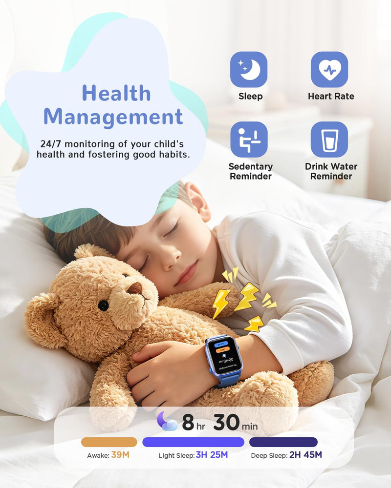 Smart Watch for Kids No App or Phone Needed, IP68 Waterproof, Flashlight | Kid Fitness Watches Pedometer, 24/7 Heart Rate, , Sleep Monitor, Puzzle Games for Boys&Girls Ages 4-12, Blue Max: 222 mm Min: 157 mm