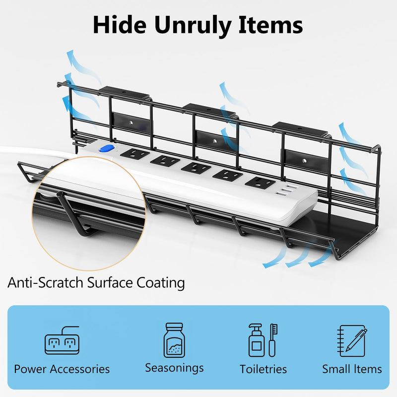 DELAMU 1 Pack Under Desk Cable Management Tray, Black | Metal Wire Organizer for Desk, Easy Install Pre-drilled, Holds 15lb, Wire Management Wire Organizer, For Office & Home