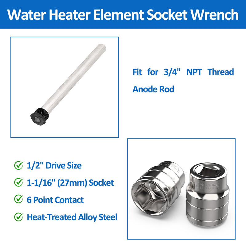 RV Water Heater Element Wrench Socket, 1-1/16" 6-Point Anode Rod Socket, 1/2" Drive Heating Element Wrench Tool for Residential, RV, Camper, Trailer and Motorhome 1-1/16 in