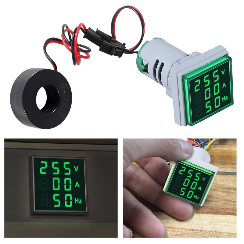 3pcs 3 in 1 60-500V 0-100A AC Digital Ammeter Voltmeter, 22mm Square Digital Tube Screen with Transformer, LED Display Voltage Detector Current Tester Gauge(Green) Green 3 in 1 Square