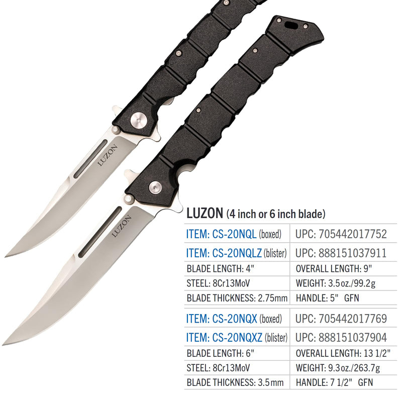 COLD STEEL Medium Luzon 4" 8Cr13MoV Razor-Sharp Clip Point Blade 5" GFN Handle Tactical EDC Folding Knife w/Leaf-Spring Lock Black Boxed