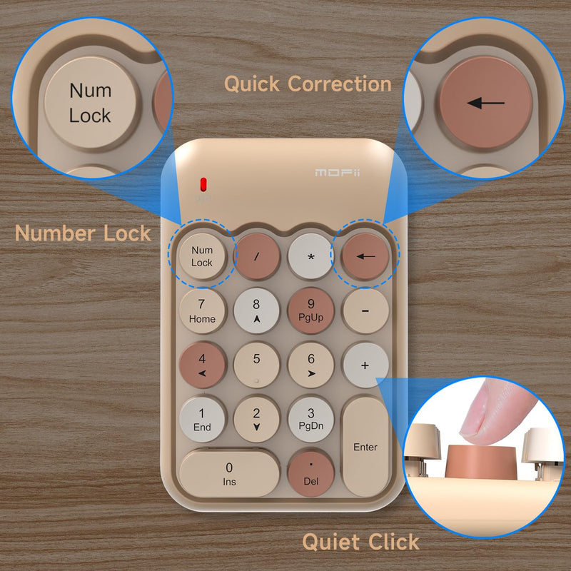 MOFII Wireless Number Pads - MilkTea Numeric Keypad 18 Keys USB 2.4G Round Keycap Colorful Extensions Keypads, Financial Accounting Portable Numpad 10 Key for Laptop/PC/Notebook/Surface Pro