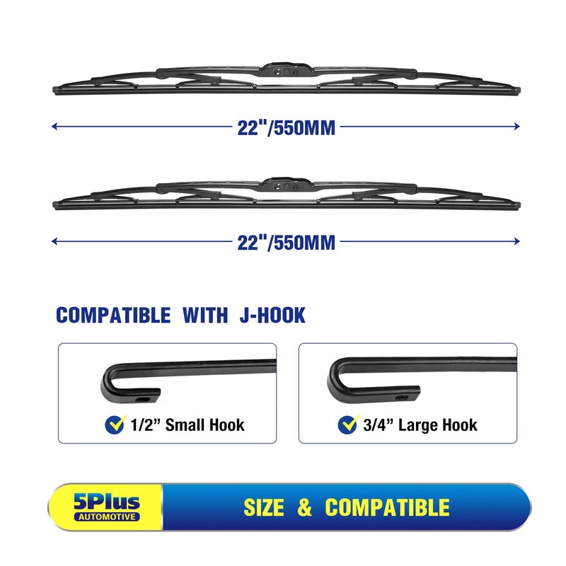 5 PLUS® 22" Wiper Blades 2 Pack Replacement for Ford F150 F250 F350 F450 F550 2023 2022 2021 2020 2019 2018 2017 2016 2015 2014 2013-2009-OEM Quality Premium All-Season Windshield Wiper Blades 22"+22"(Conventional) HOOK(2PCS)