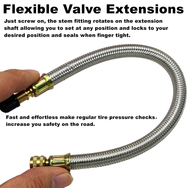 Valve Stem Extensions,4Pcs 7Inch/180mm Dual Flexible Stainless Steel Braided Valve Stem Extenders, 6 Pieces 45 90 135 Degree Brass Valve Stem Extender Tire for Most Cars Truck 4 Pack 7"/ 180 mm