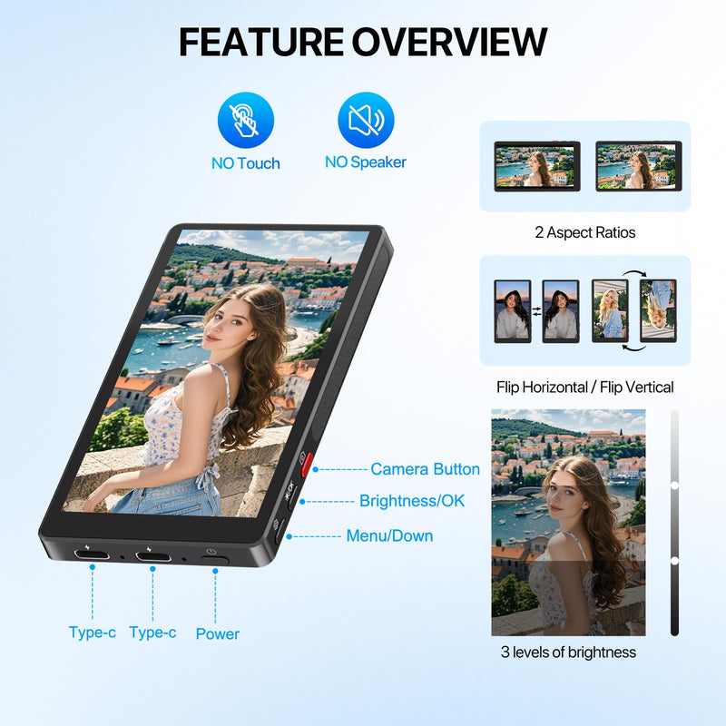 MAGEX 4" Slim Selfie Monitor Screen for iPhone 17, Magnetic 1080p Wireless Screen Mirroring Back Camera Monitor iPhone Android Phone Vlog Selfie Screen w/Camera Button, CNC Metal, Black, No Touch 4 Inch