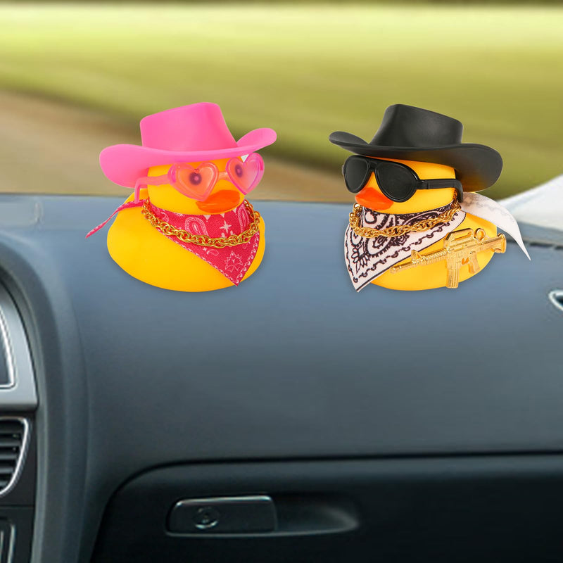 2pcs Rubber Duck Car Ornaments, Funny Rubber Ducks Car Dashboard Decorations Duck Car Accessories with Cowboy Hat Mini Scarf Necklace and Sunglasses for Car Desk Office Decor