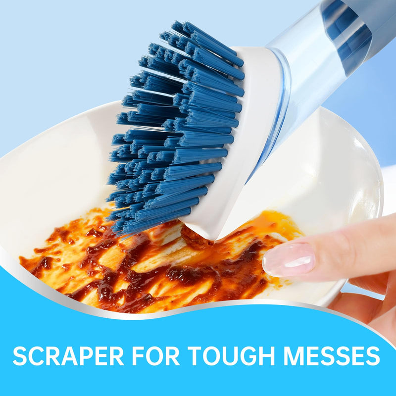 Soap Dispensing Scrub Brush - 4-in-1 Kitchen Cleaning Brush with Built-in Tank, Scraper Heads for Stubborn Grime on Pots Pans, Stand/Hang Storage-Blue 5 Blue