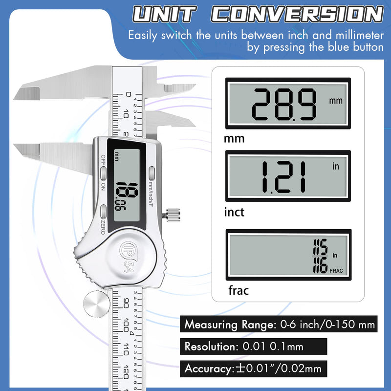 Electronic Digital Calipers, inch and Millimeter Conversion,LCD Screen displays 0-6" Caliper Measuring Tool, Automatic Shutdown, Suitable for DIY/Jewelry Measurement (150mm inch/mm/Fraction) 150mm inch/mm/fraction