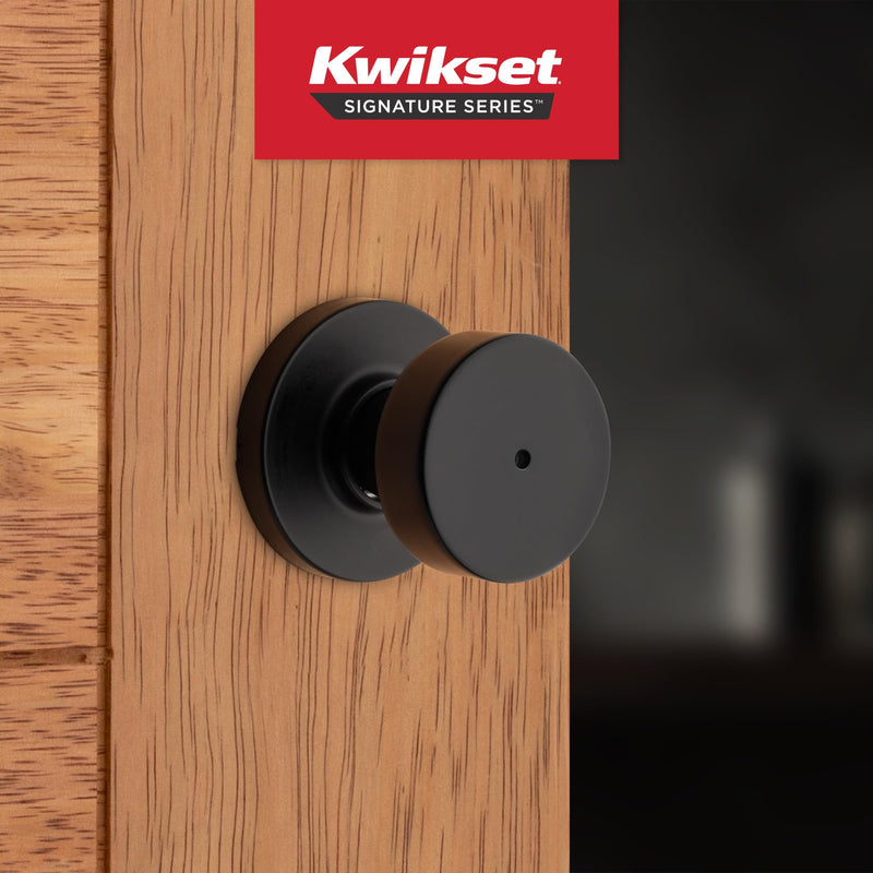 Kwikset Pismo Interior Privacy Door Knob with Lock, Door Handle For Bathroom and Bedroom, Matte Black Keyless Turn Lock Doorknob, with Microban Protection 1 Pack