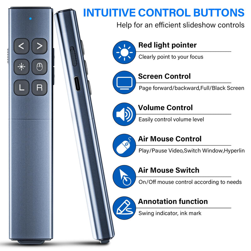 Presentation Clicker with Air Mouse - USB C Wireless Presenter Remote Clicker with Pointer, RF 2.4GHz PowerPoint Clicker for Presentation, Computer Pointer Clicker Slide Advancer for Mac,Laptop