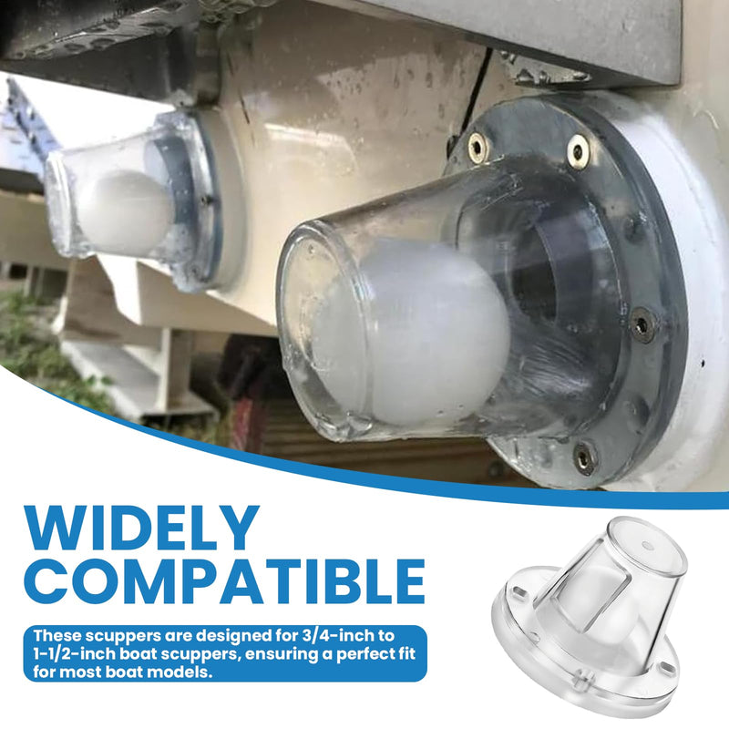 Boat Scupper Drain Valve Self-Bailing Ball,Fits 3/4" to 1-1/2" Marine Drain Holes, One-Way Automatic Drain Valve Replaces Old Flapper Scuppers,Compatible with Most Boat Models 2 Pack