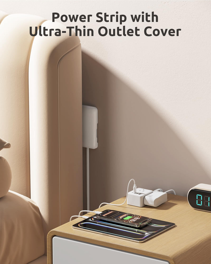 3FT Short Extension Cord with Outlet Cover, 3 Outlets and 4 USB Ports | Flat Plug Power Strip, Outlet Concealer, Small, Wall Mountable, Flat Face Outlet Extender Hidden Behind Couch, Bed, White 3FT