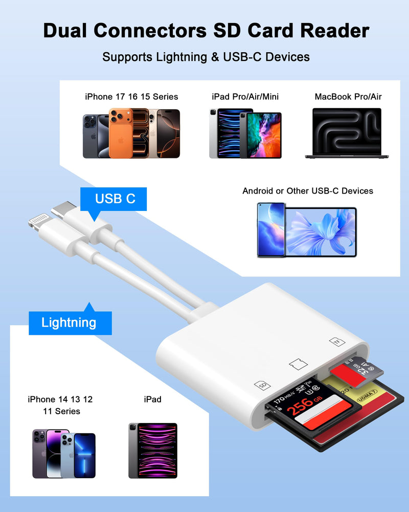 [Apple MFi Certified] 2-in-1 SD Card Reader for iPhone 17 16 15 14 13 12 11 | USB C & Lightning Memory Card Adapter with Compact Flash/CF/SD/MicroSD Slots Compatible with iPad MacBook Pro/Air/Mini Laptop TWhite