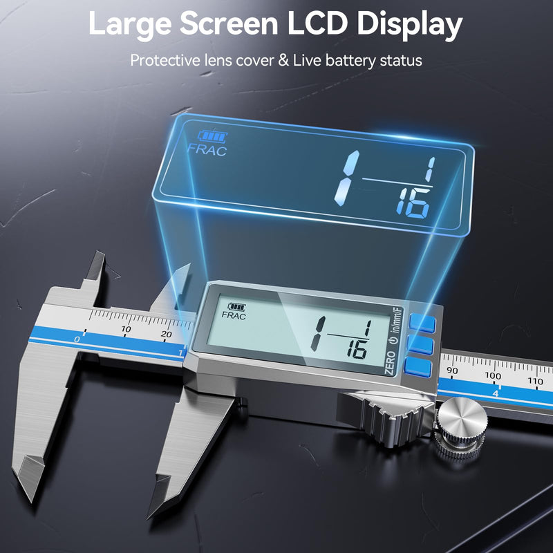 6 Inch Digital Caliper, Type-C Rechargeable Stainless Steel Vernier Caliper, IP54, F/MM/in Conversion, Large LCD, USB Charging Digital Caliper Measuring Caliper for DIY, Woodworking Use (Blue) Blue