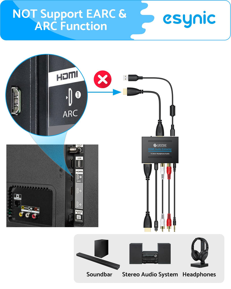 eSynic Portable 4K@30Hz HDMI Audio Extractor-No ARC/eARC & Not from HDTV to Soundbar-Easy to Setup-Metal Shell-for Gaming Consoles/Fire TV Stick to HDMI Monitor & Optical or 3.5MM & L/R Audio System