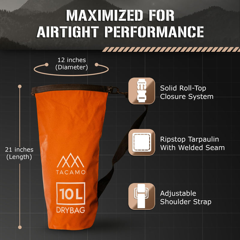 TACAMO® 10L Dry Bag Waterproof Backpack for Camping Gear, Waterproof Bag for Canoeing or Backpacking - Roll Top, Small, Watertight, Floating Dry Sack for Kayak Accessories, Travel Bag for Hiking Safety-Orange 10 Liter