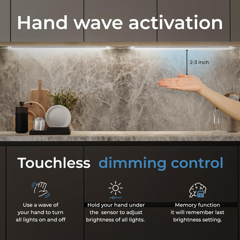 EShine Hand Wave Activated Under Cabinet LED Lighting Kit, Dimmable, 6-Pack 7 in - Touchless Dimming Control, White Under Counter Lights for Kitchen, Garage, Office, Desk - Warm White (3000K) Warm White (3000K) 6 pack