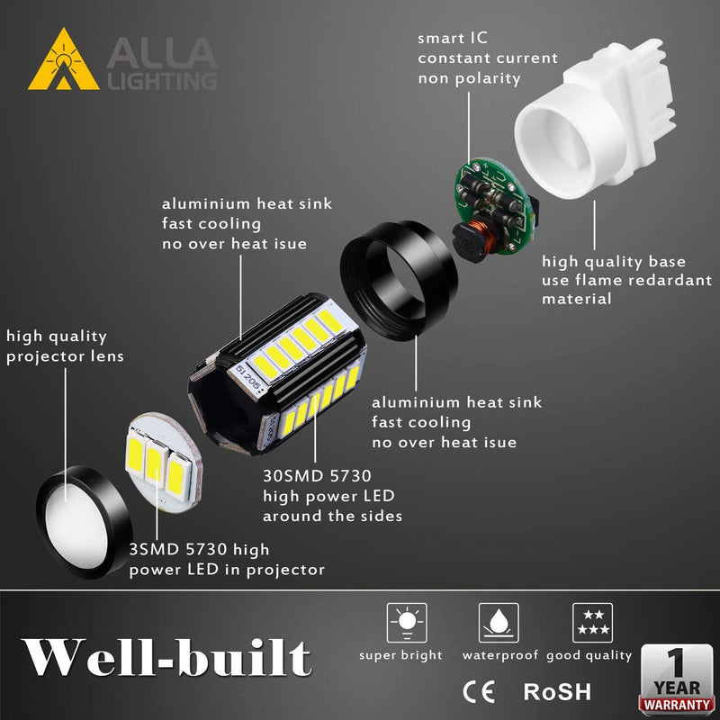 Alla Lighting 2800lm T25 3156 3157 LED Bulbs, White Reverse/Signal/Brake Tail/DRL Lights 4114 3056 4057 4157 3457K 3057 6000K Xenon Xtreme Super Bright 12V 5730 33-SMD Upgrade 6000K Xenon White