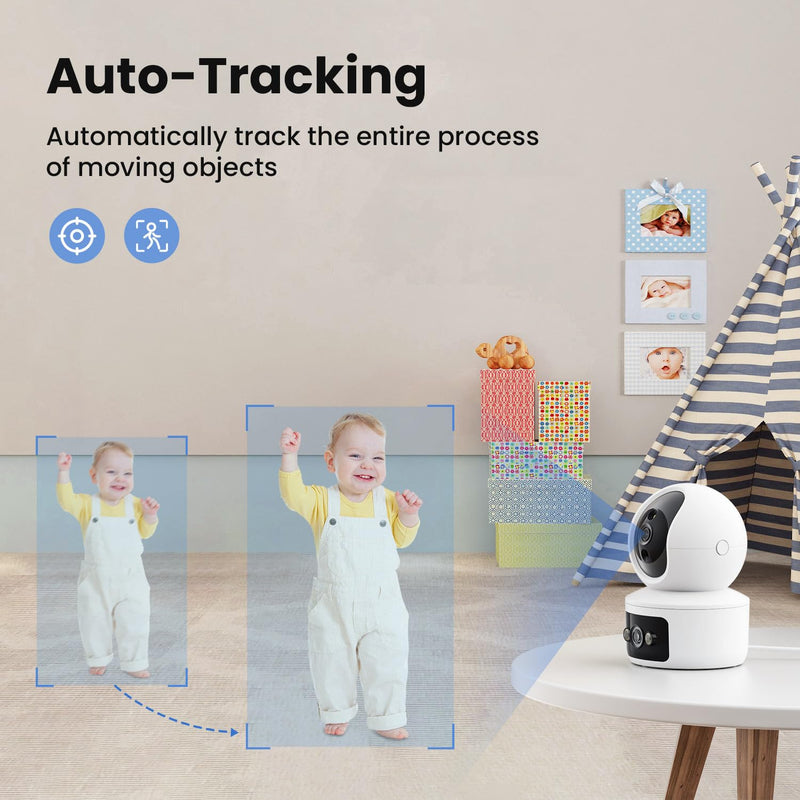 Security Camera, Dual Lens 2.4GHz & 5GHz WiFi Cameras for Home Security Indoor, Pet/Dog/Baby Camera, Security Camera Indoor with 360° Pan&Tilt, Motion Detection and AutoTtracking, Night Vision WiFi Dual lens camera