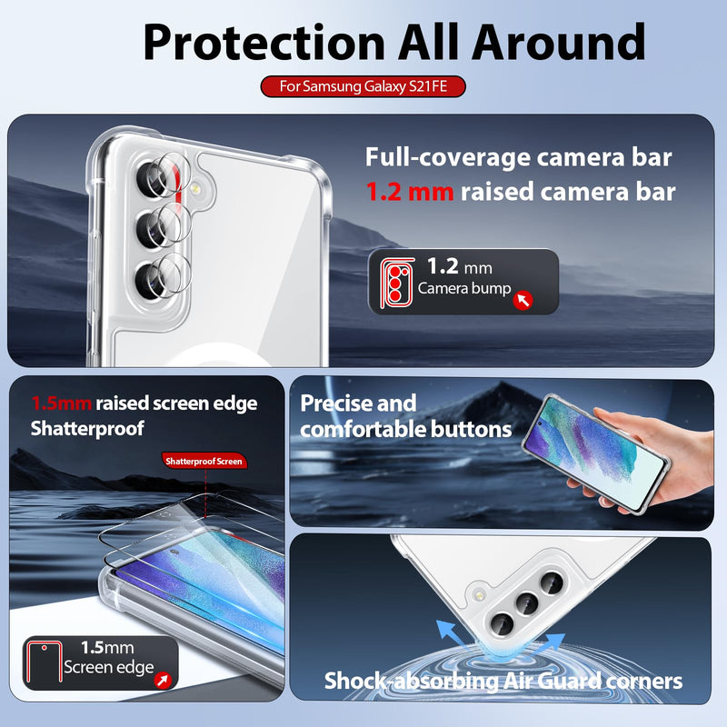 Dizn for Samsung Galaxy S21 FE Phone Crystal Case: 2 Tempered Glass & 2 Camera Lens Protector,[Antil-Yellow], Reinforcde Comers,Compatible with Magsafe,with Strap,Shockproof Magnetic Case S21FE,Clear Clear