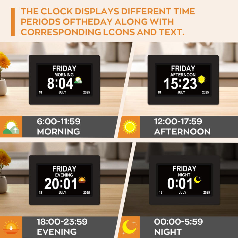 Digital Clock for Seniors with Day Date Time Large Display - 7 Inch Large Print Dementia Clock for Memory Loss and Visually Impaired, 12 Alarm Options, Non-Abbreviated, Black 7''